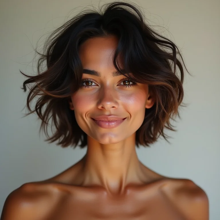 Mulher sorrindo com corte 3C em camadas.