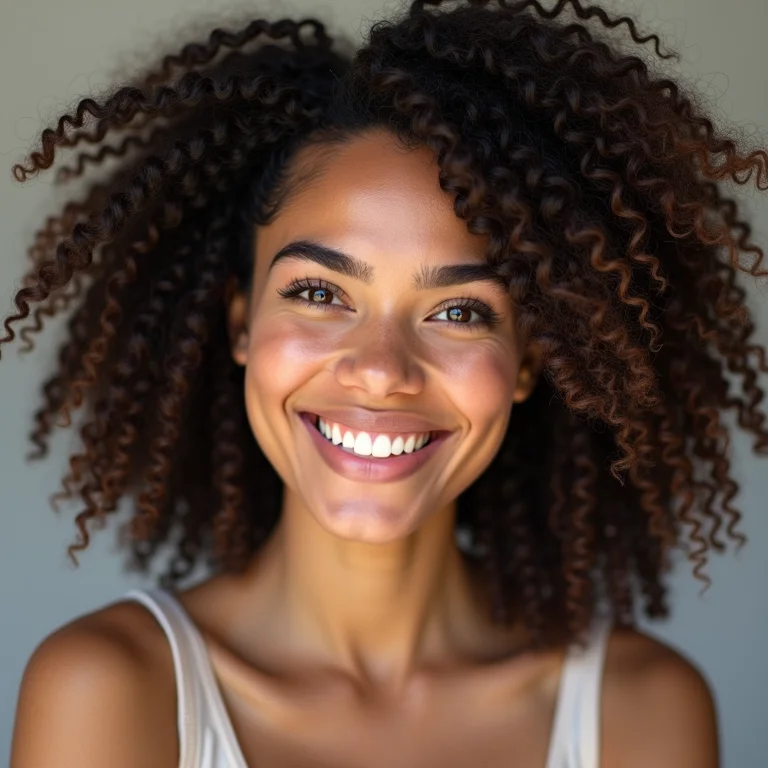 Mulher sorrindo com sobrancelhas cheias e definidas.