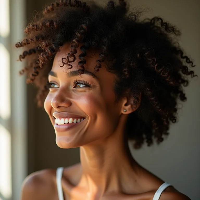 Mulher sorrindo de perfil com cabelo cacheado.