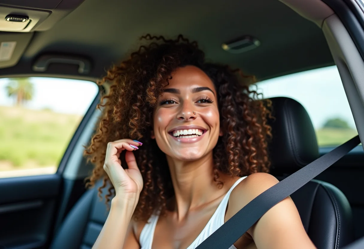 Mulher sorrindo dentro do carro, conferindo os cachos no espelho retrovisor
