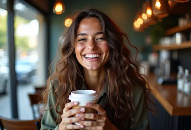 Mulher sorrindo em cafeteria charmosa com cabelo ondulado