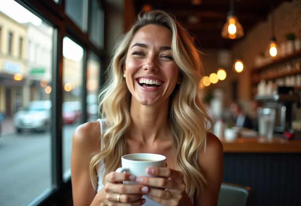 Mulher sorrindo em cafeteria charmosa com cabelo ondulado e loiro.