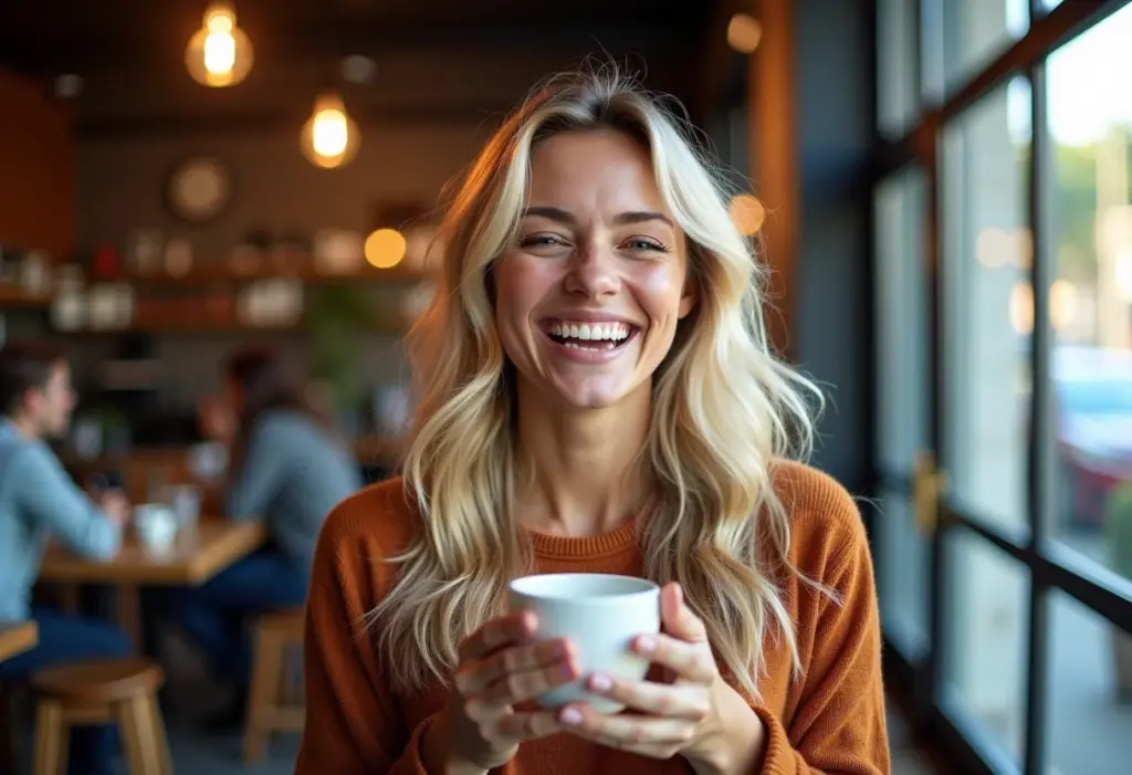 Mulher sorrindo em cafeteria charmosa com cabelo ondulado e protetor térmico