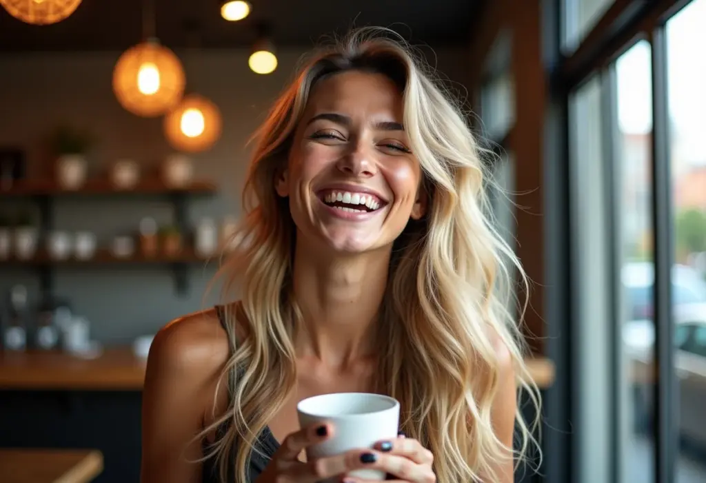 Mulher sorrindo em cafeteria com balayage loira