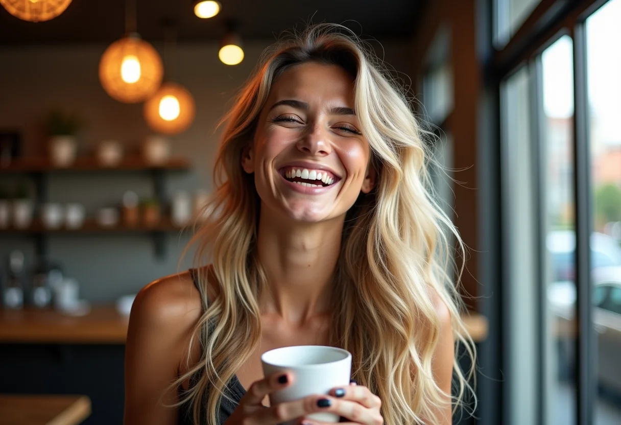 Mulher sorrindo em cafeteria com balayage loira