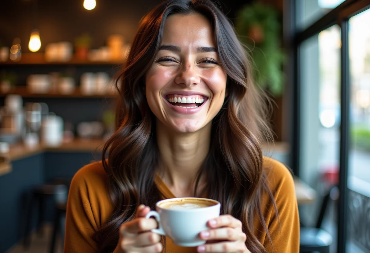 Mulher sorrindo em cafeteria com cabelo bem cuidado