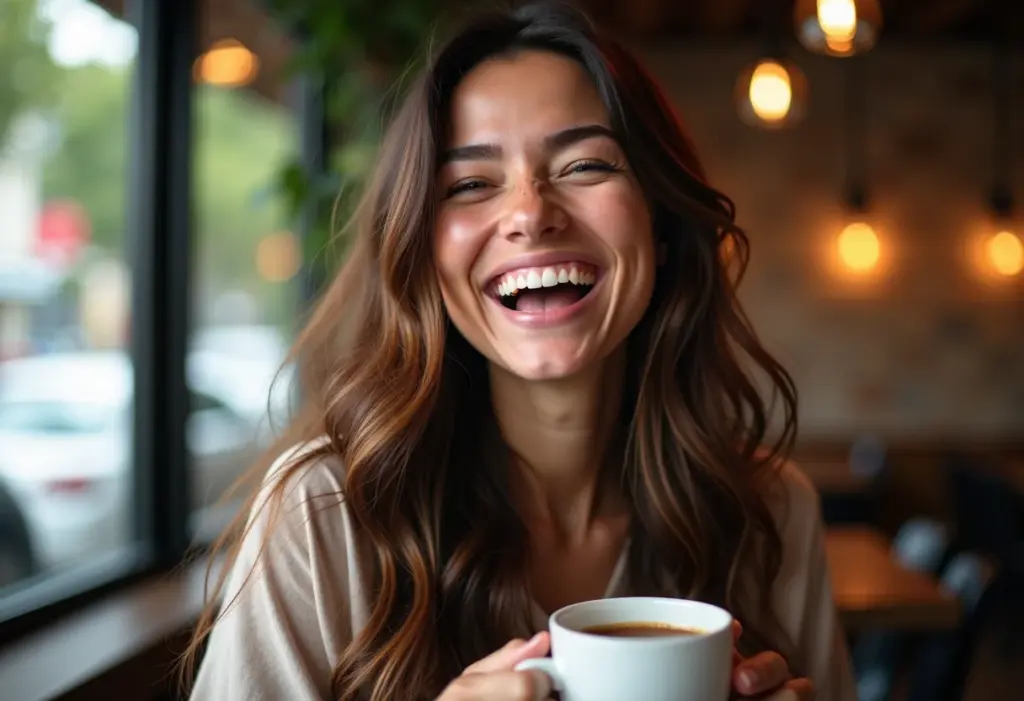 Mulher sorrindo em cafeteria com cabelo brilhante