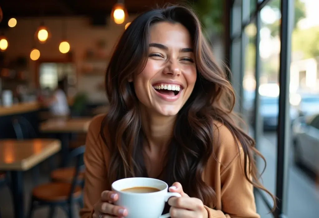 Casting Creme Gloss: Descubra os segredos da coloração sem amônia que hidrata e ilumina Mulher sorrindo em cafeteria com cabelo brilhante