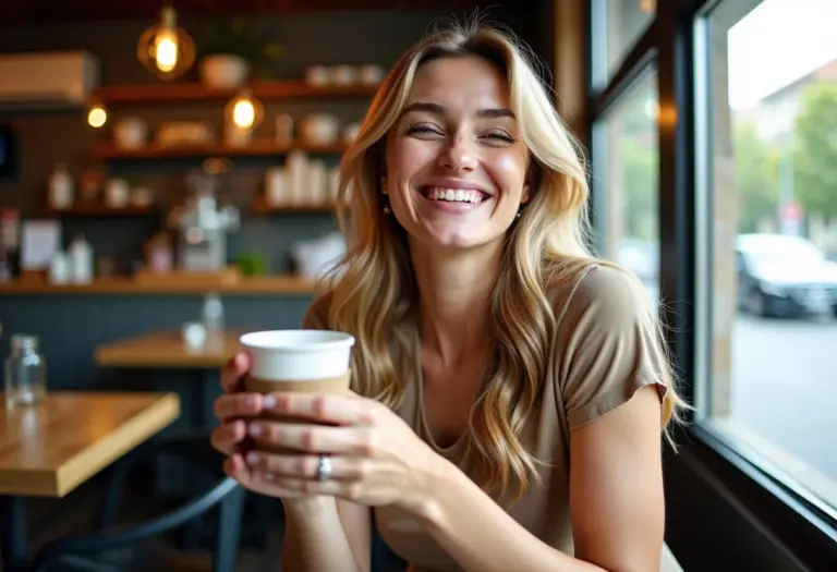 Mulher sorrindo em cafeteria com cabelo brilhante