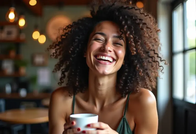 Mulher sorrindo em cafeteria com cabelo cacheado