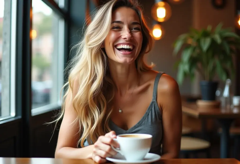 Mulher sorrindo em cafeteria com cabelo impecável