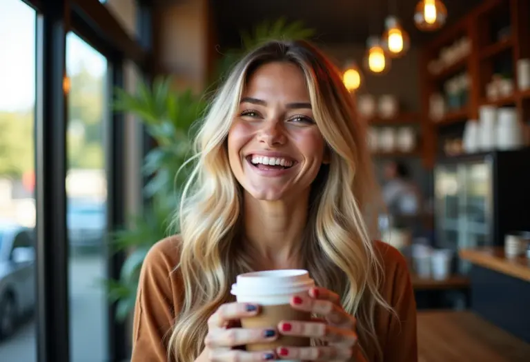 Mulher sorrindo em cafeteria com cabelo impecável