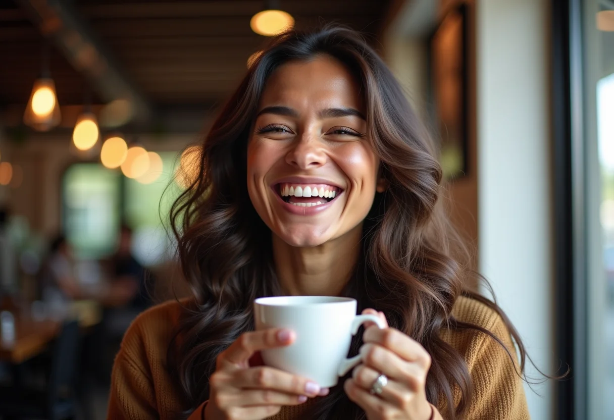 Mulher sorrindo em cafeteria com cabelo impecável