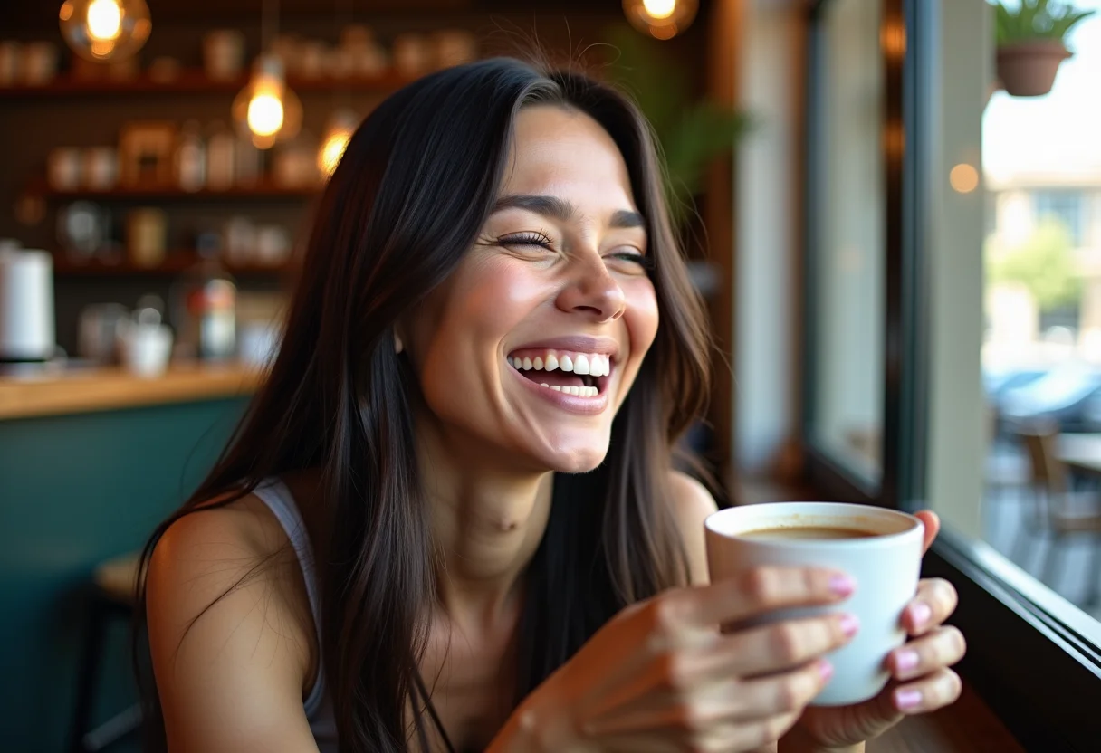 Mulher sorrindo em cafeteria com cabelo liso e brilhante