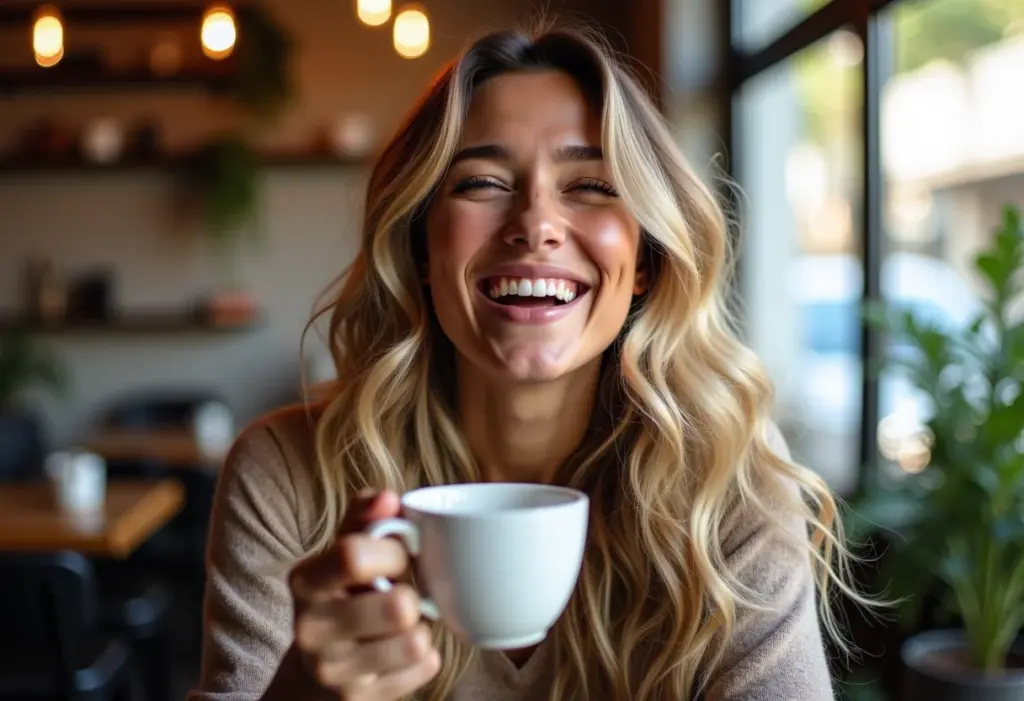 Mulher sorrindo em cafeteria com cabelo loiro de tonalidade fria