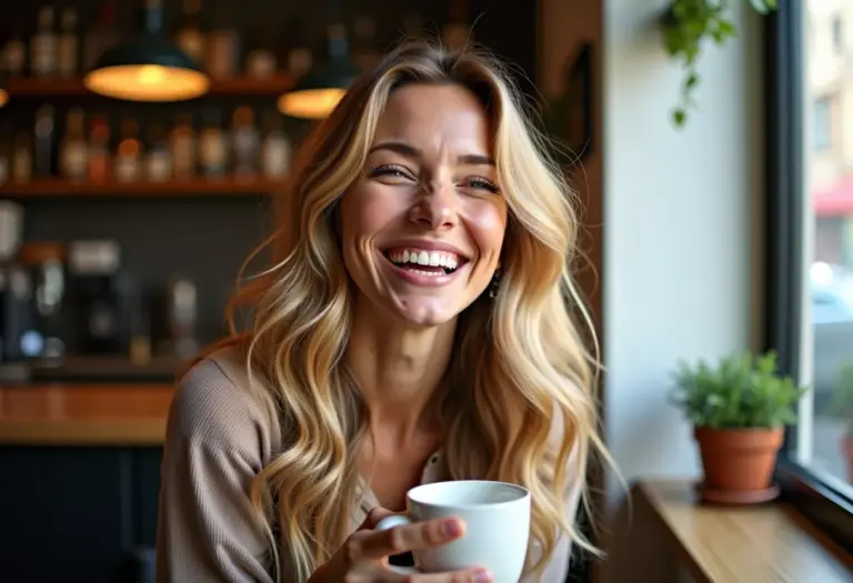 Mulher sorrindo em cafeteria com cabelo loiro mel iluminado
