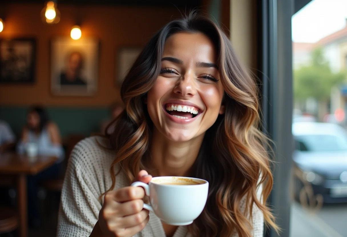 Mulher sorrindo em cafeteria com cabelo ondulado
