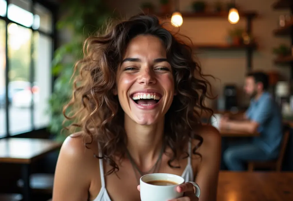 Mulher sorrindo em cafeteria com cabelo ondulado