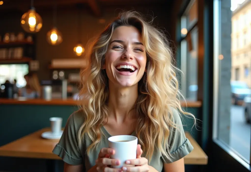 Mulher sorrindo em cafeteria com cabelo ondulado