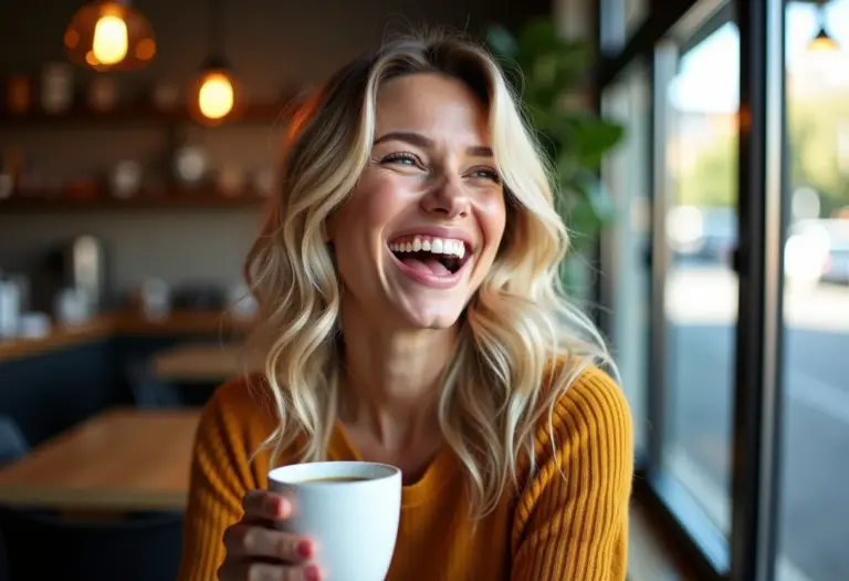 Mulher sorrindo em cafeteria com cabelo ondulado
