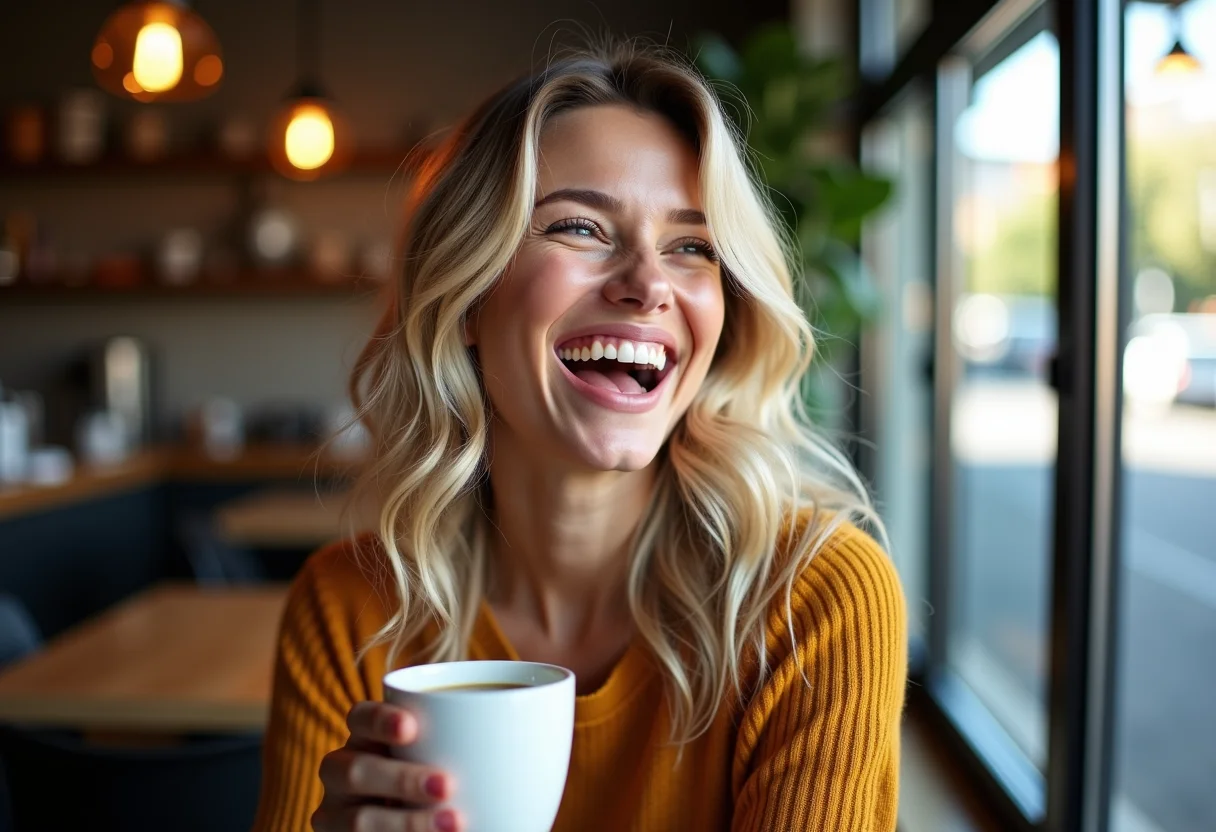 Mulher sorrindo em cafeteria com cabelo ondulado