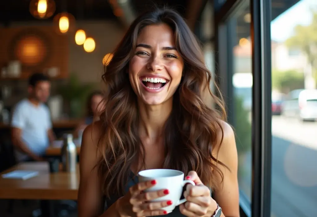 Mulher sorrindo em cafeteria com cabelo ondulado brilhante