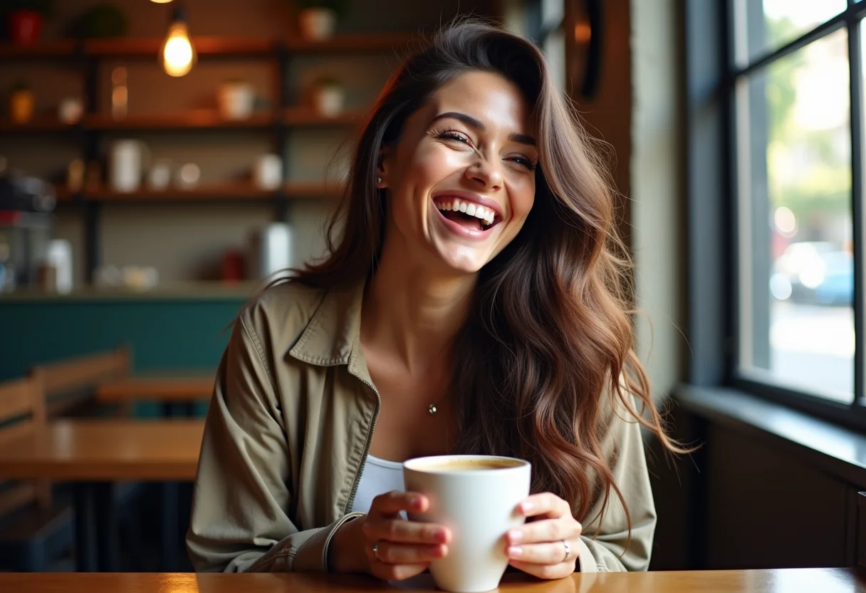 Mulher sorrindo em cafeteria com cabelo ondulado brilhante