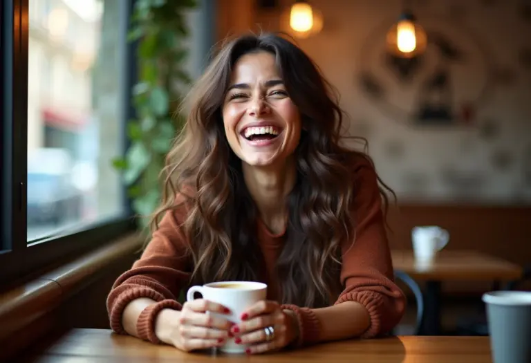 Mulher sorrindo em cafeteria com cabelo ondulado brilhante