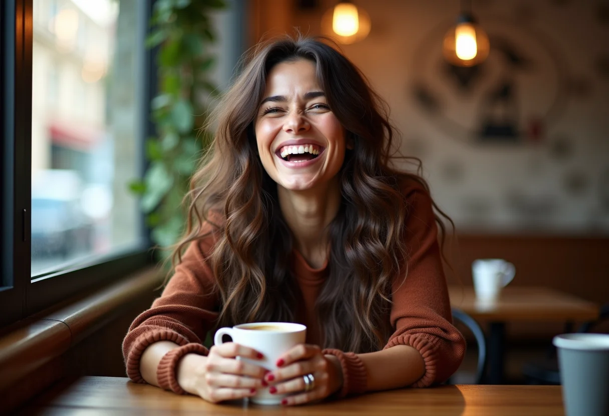 Mulher sorrindo em cafeteria com cabelo ondulado brilhante