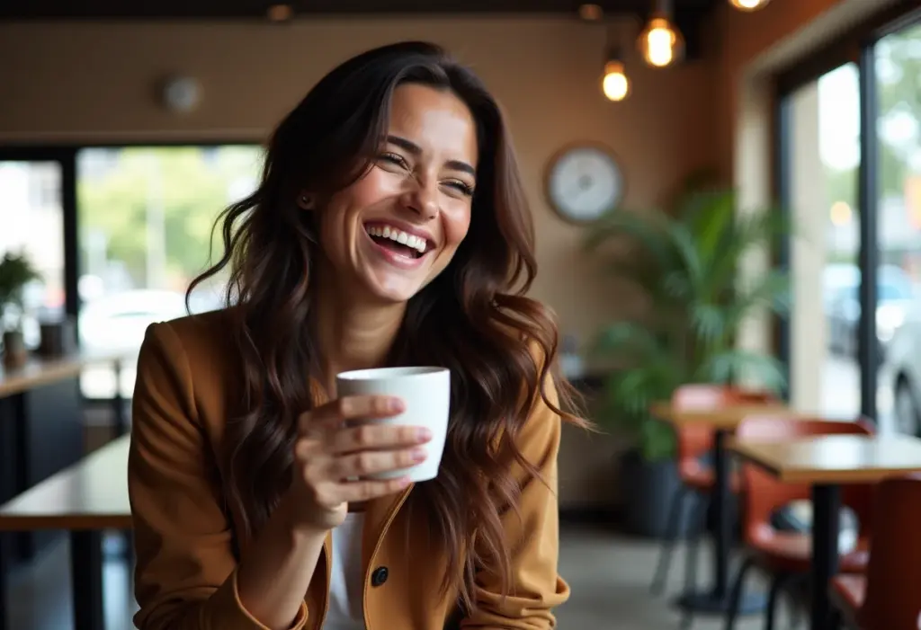 Mulher sorrindo em cafeteria com cabelo ondulado e brilhante