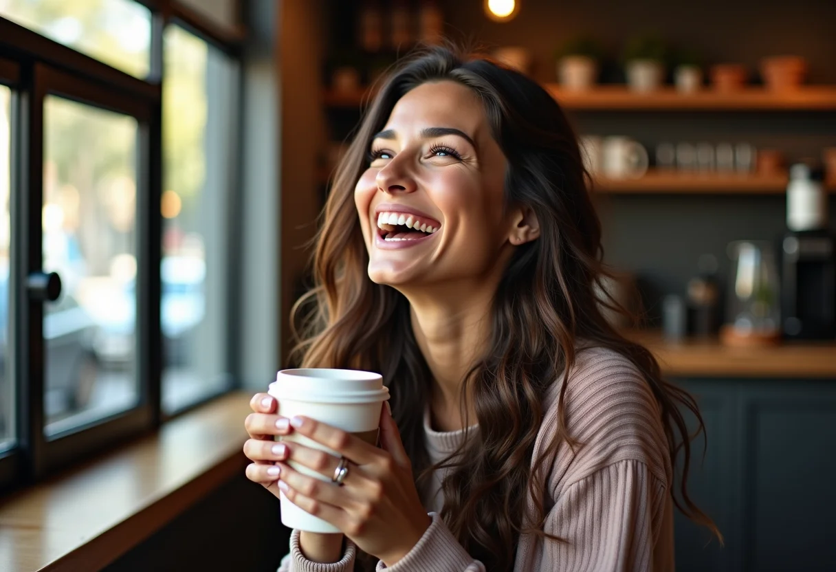 Mulher sorrindo em cafeteria com cabelo ondulado e hidratado