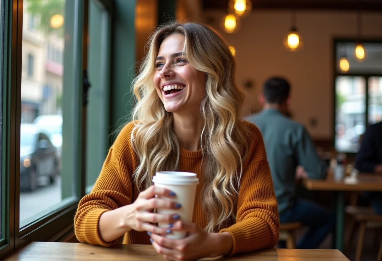 Mulher sorrindo em cafeteria com cabelo ondulado e loiro.