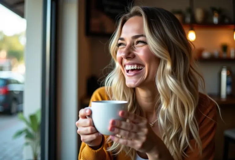 Mulher sorrindo em cafeteria com cabelo ondulado e loiro