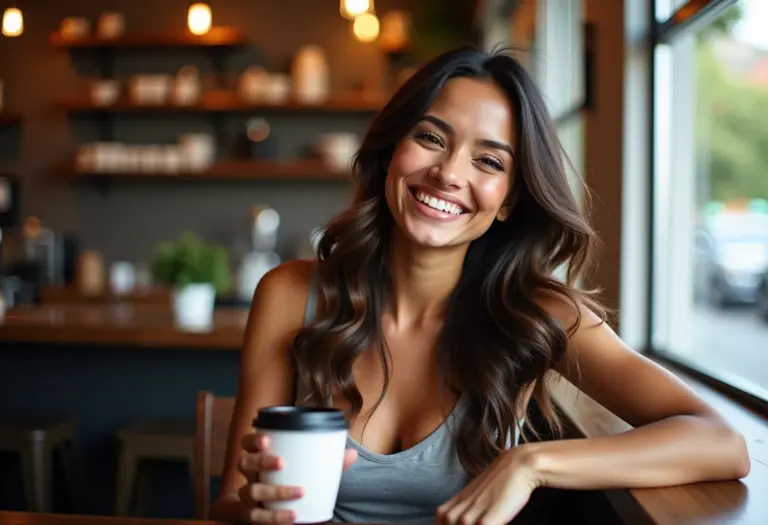 Mulher sorrindo em cafeteria com cabelo ondulado e saudável