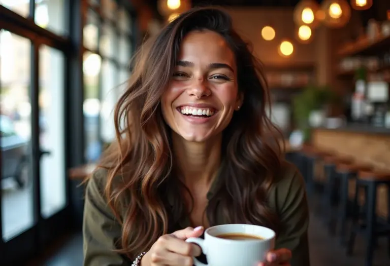 Mulher sorrindo em cafeteria com cabelo ondulado e saudável
