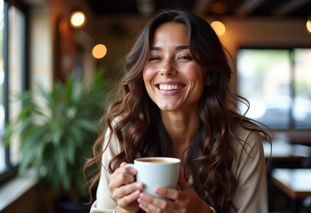 Hidratação capilar caseira: 3 receitas potentes para salvar seus fios ressecados Mulher sorrindo em cafeteria com cabelo ondulado e xícara de café