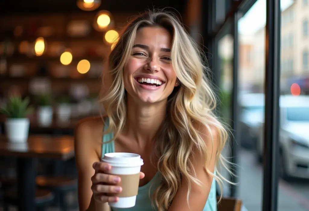 Mulher sorrindo em cafeteria com cabelo saudável