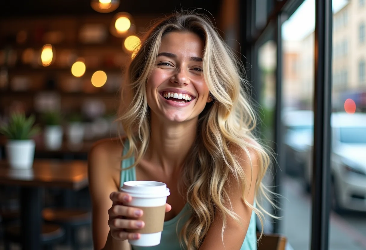 Mulher sorrindo em cafeteria com cabelo saudável