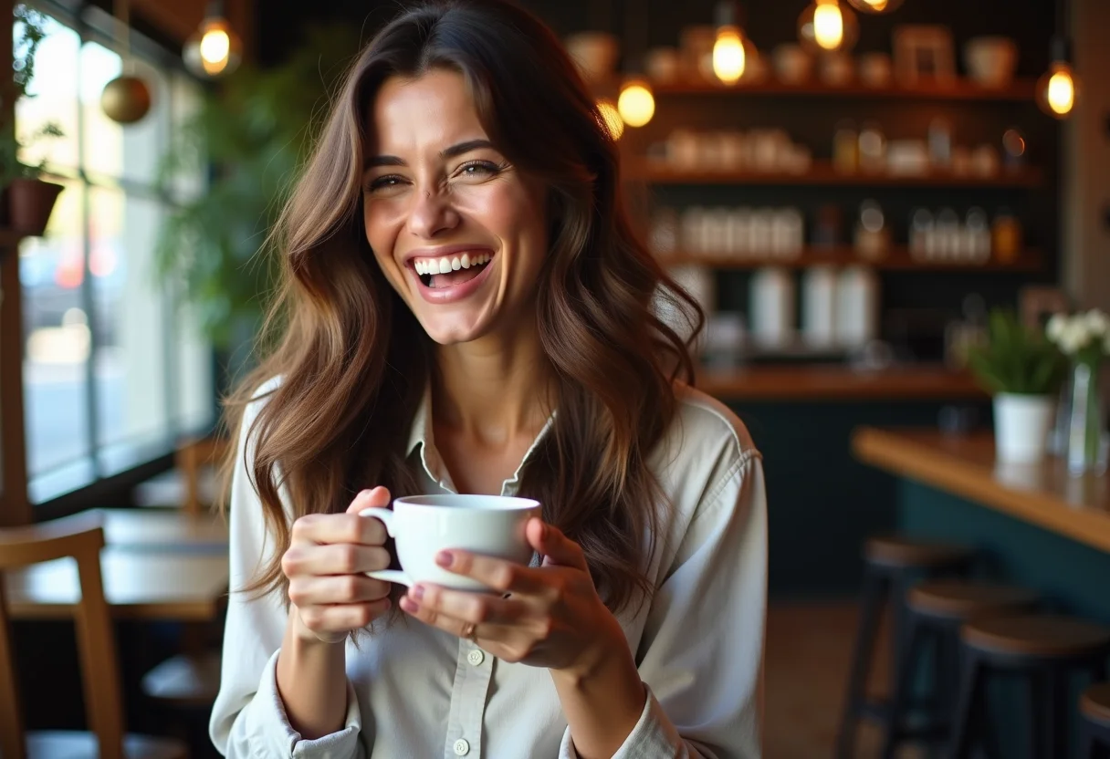 Mulher sorrindo em cafeteria com cabelo saudável