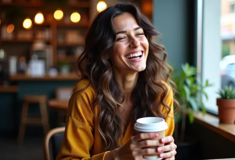 Mulher sorrindo em cafeteria com cabelo saudável