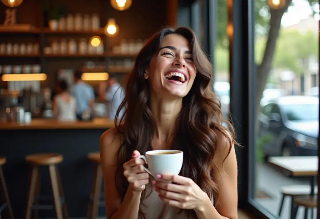 Mulher sorrindo em cafeteria com cabelo saudável e brilhante