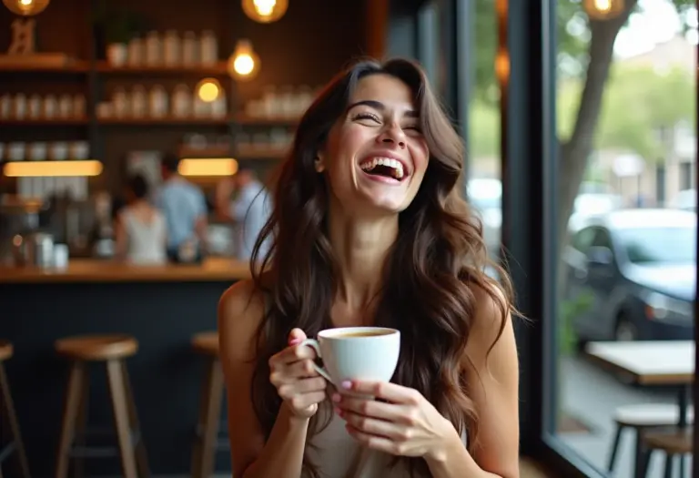 Mulher sorrindo em cafeteria com cabelo saudável e brilhante