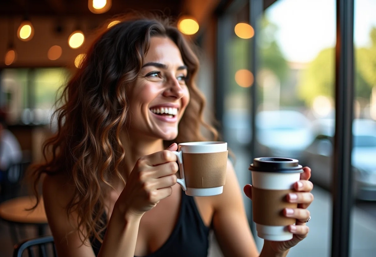 Mulher sorrindo em cafeteria com cabelo saudável