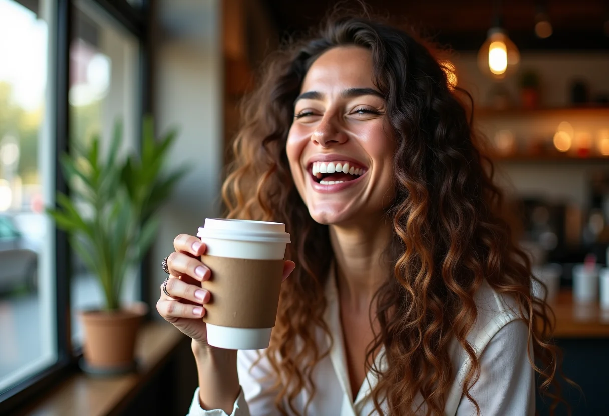 Mulher sorrindo em cafeteria com cabelo solto e brilhante