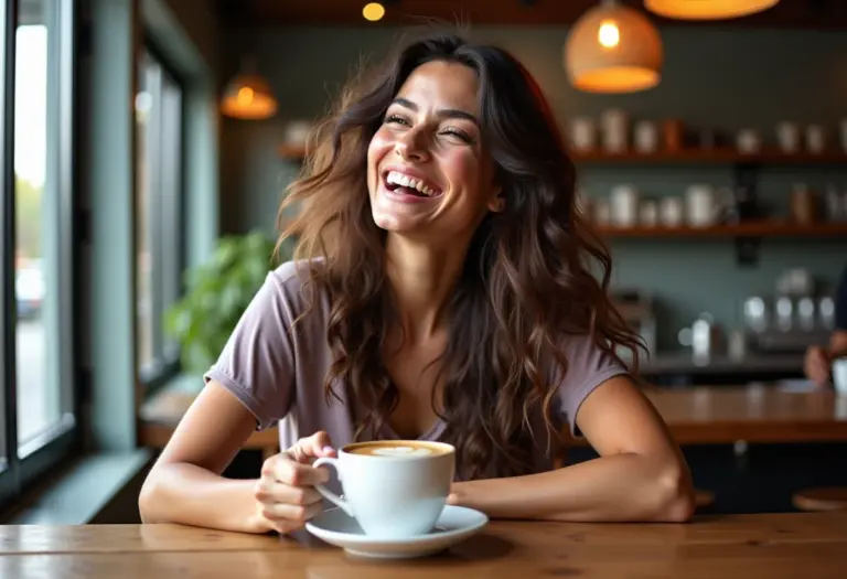 Mulher sorrindo em cafeteria com cabelo tonalizado