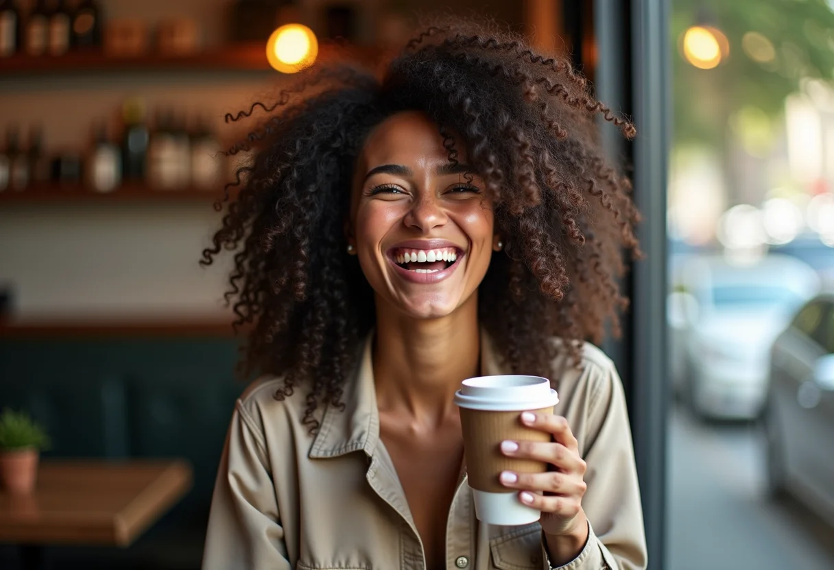 Mulher sorrindo em cafeteria com cachos definidos
