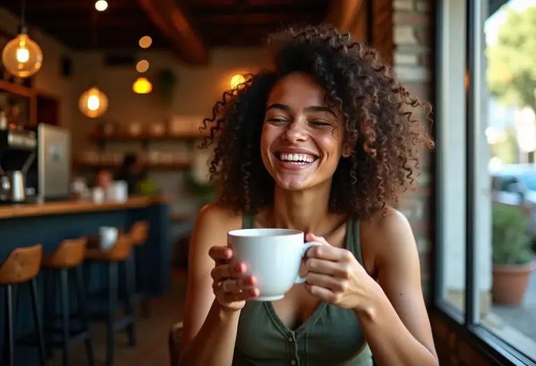 Mulher sorrindo em cafeteria com cachos definidos