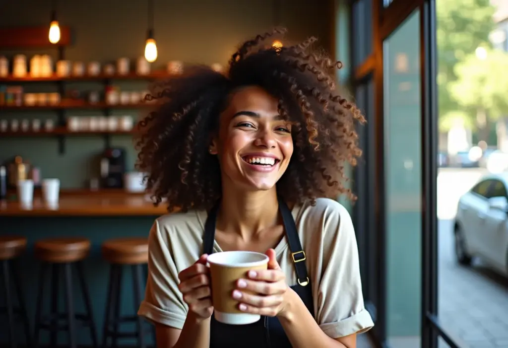 Mulher sorrindo em cafeteria com cachos definidos