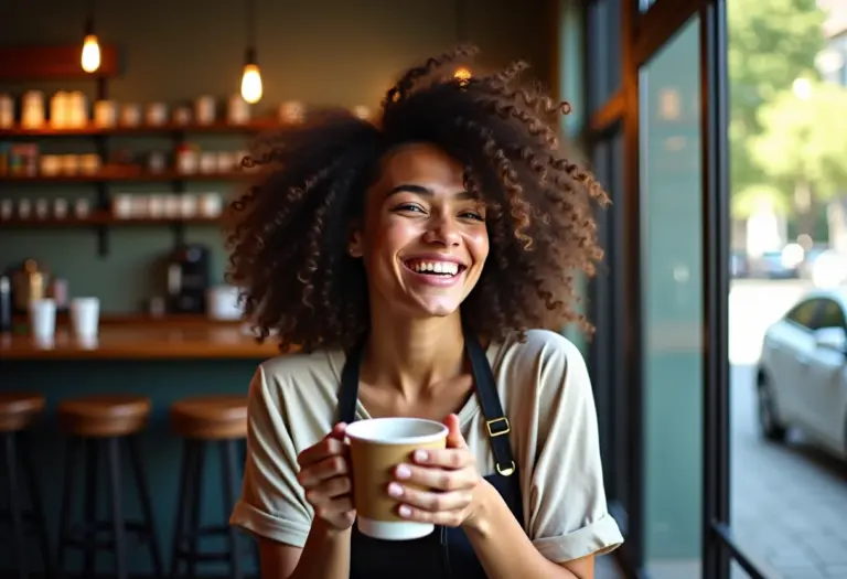 Mulher sorrindo em cafeteria com cachos definidos