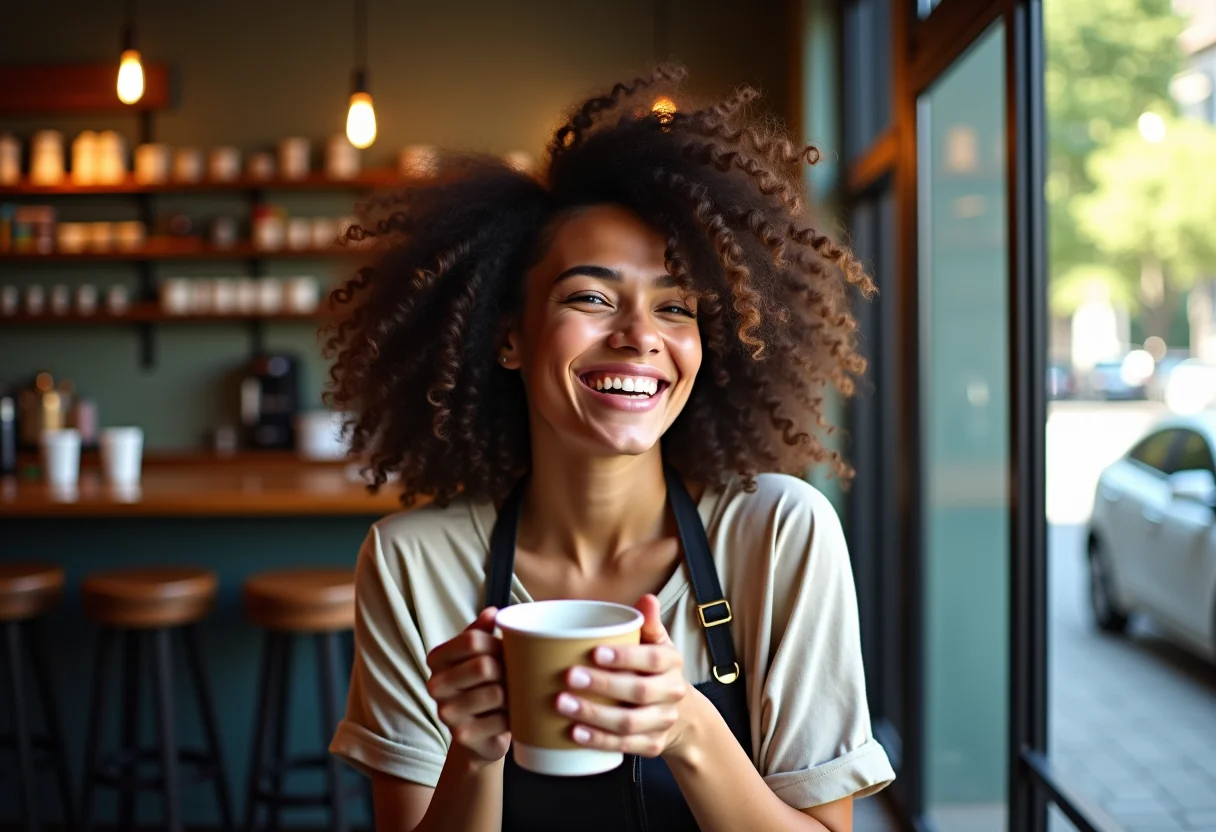 Mulher sorrindo em cafeteria com cachos definidos